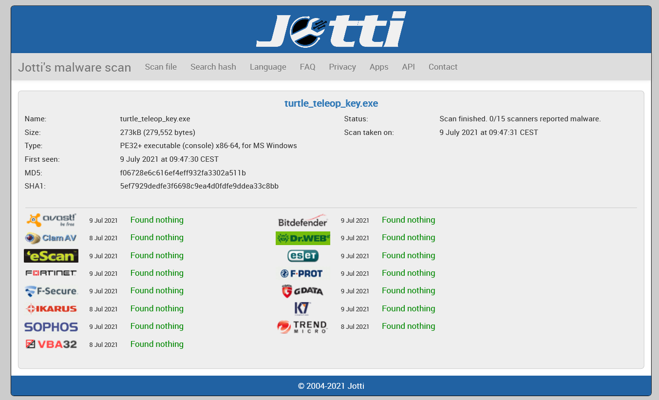 jotti's scanner result for turtle_teleop_key.exe